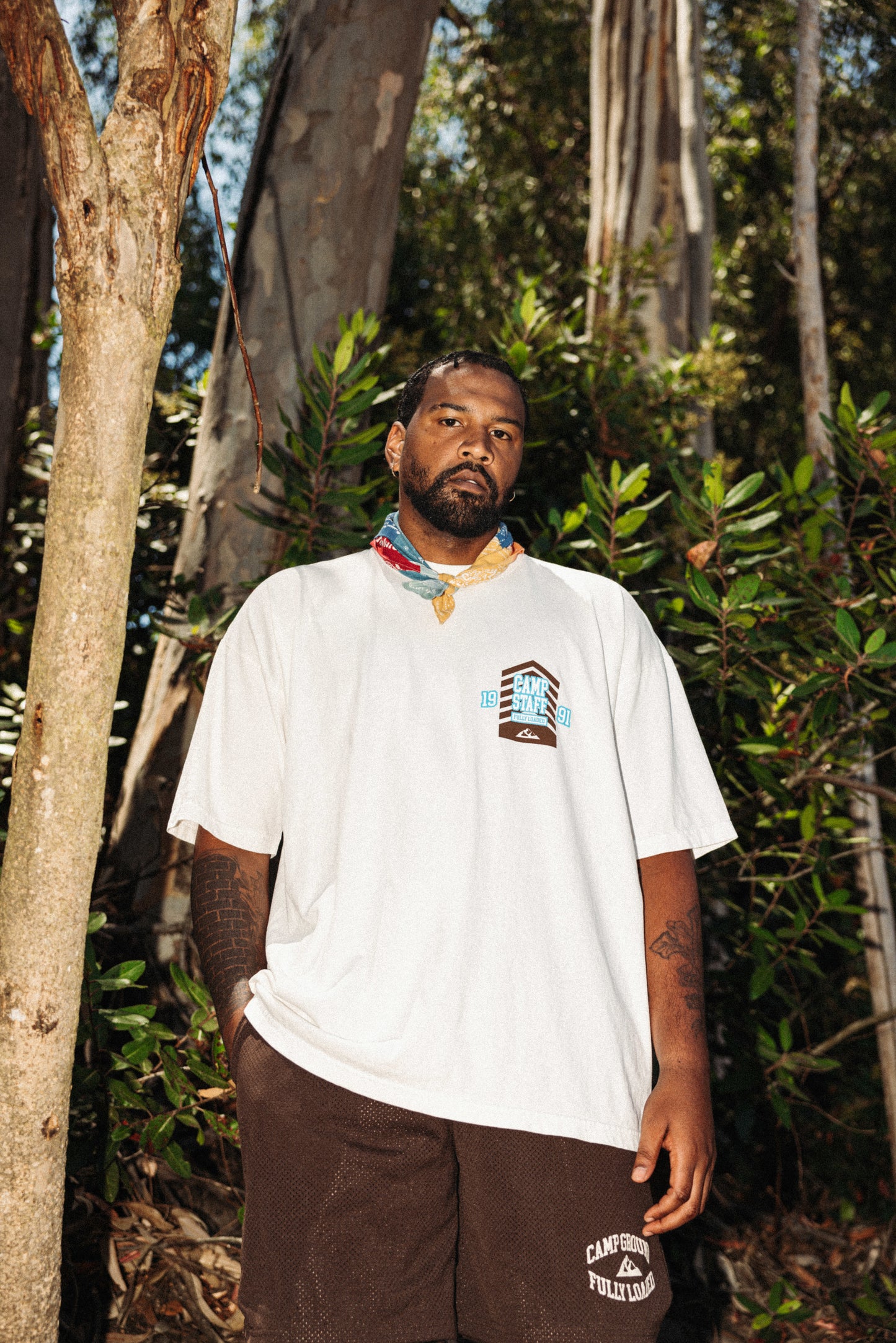 Front View of Off-White Camp Ground Tee - Fashionable Oversize Fit and Soft Cotton Fabric