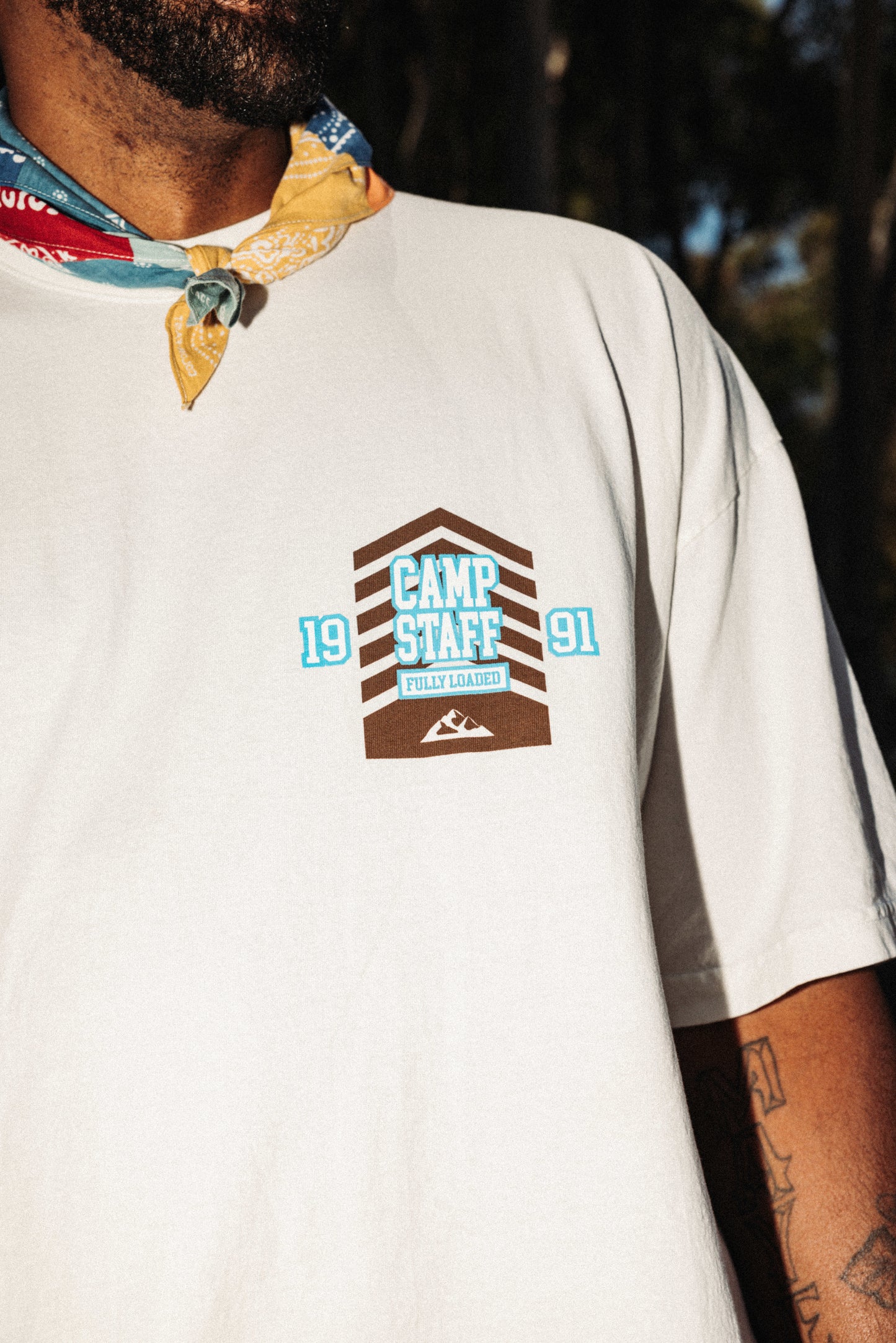 Comfortable Off-White Camp Ground Tee - 100% Cotton Fabric, Laid-Back and Fashionable Style